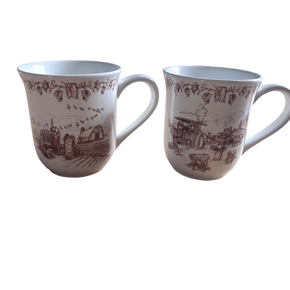 Robert Stanley Farm Toile Coffee Tea cup Mugs Set of 2 fall harvest thanksgiving